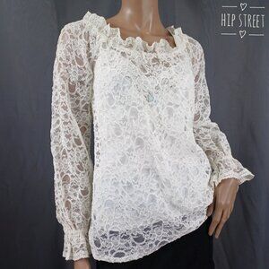 Long Sleeve Sheer Lace Ruffle Neck Blouse Top M